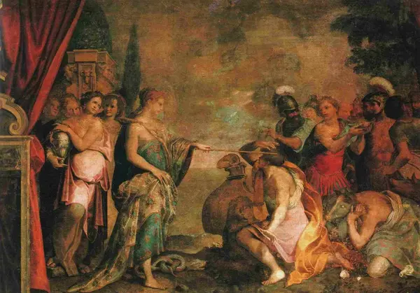 喀耳刻将尤利西斯的追随者恢复成人形的壁画，Giovanni Battista Trotti，约1610年。 喀耳刻将尤利西斯的追随者恢复成人形的壁画，Giovanni Battista Trotti，约1610年。