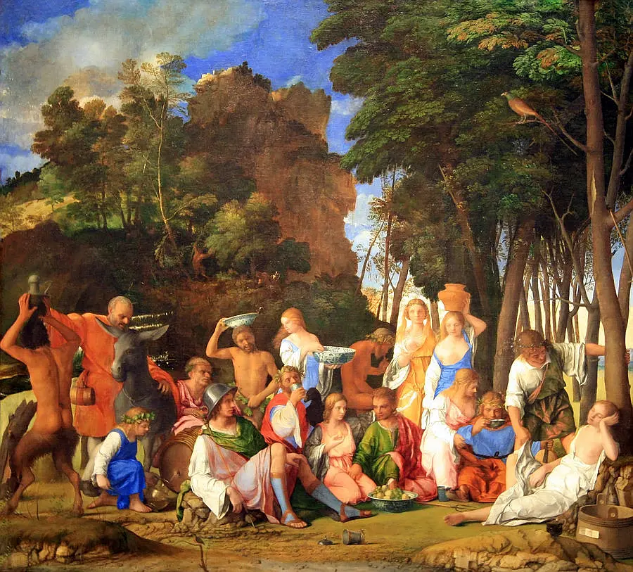 The Feast of the Gods, Giovanni Bellini 绘. 现藏于美国国家美术馆。右侧倚在驴子上的是西勒努斯；左侧是普里阿普斯和一名沉睡的宁芙。 The Feast of the Gods, Giovanni Bellini 绘. 现藏于美国国家美术馆。右侧倚在驴子上的是西勒努斯；左侧是普里阿普斯和一名沉睡的宁芙。