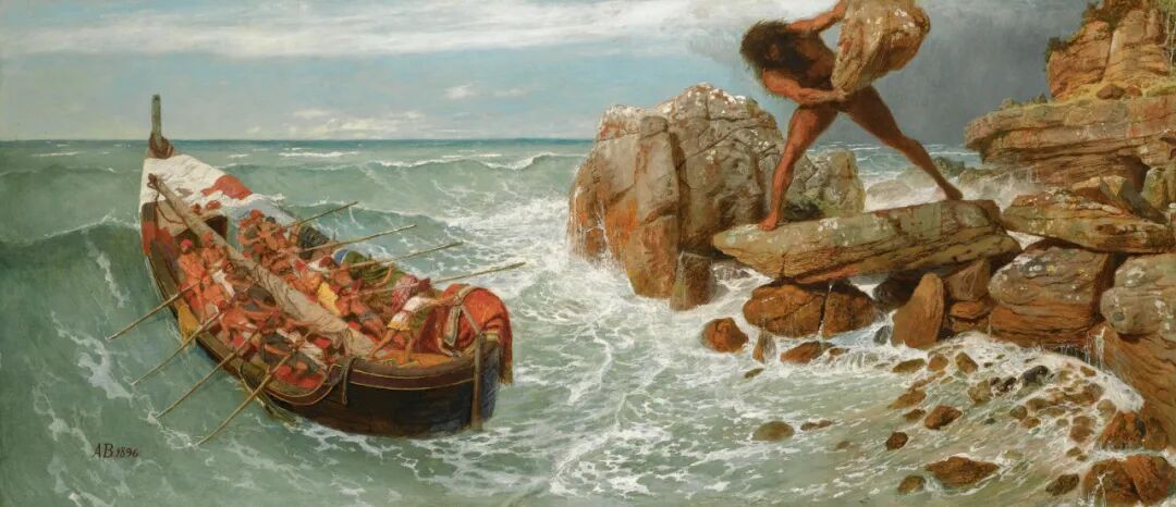 《奥德修斯和波吕斐摩斯》［瑞士］阿诺德·勃克林  Arnold Bocklin，1896年
蛋彩油画，纵66厘米，横150厘米，美国波士顿艺术博物馆藏。
描绘了独眼巨人波吕斐摩斯的眼睛被奥德修斯戳瞎，愤怒的巨人正搬起巨石投向远处正驾船逃离的奥德修斯和船员们。 《奥德修斯和波吕斐摩斯》［瑞士］阿诺德·勃克林  Arnold Bocklin，1896年
蛋彩油画，纵66厘米，横150厘米，美国波士顿艺术博物馆藏。
描绘了独眼巨人波吕斐摩斯的眼睛被奥德修斯戳瞎，愤怒的巨人正搬起巨石投向远处正驾船逃离的奥德修斯和船员们。
