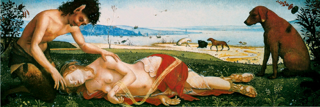 皮耶罗·迪·柯西莫(约1462～1521)
猎神之妻普罗克里斯之死
画中的普罗克里斯被丈夫射伤，奄奄一息地躺在开满小花的草地上，猎神还没有赶到，只有哀伤的森林牧神萨提尔斯陪伴着她，长着山羊脚的牧神惋悼的姿态和沉默的猎犬衬托出画面凄凉的气氛。 皮耶罗·迪·柯西莫(约1462～1521)
猎神之妻普罗克里斯之死
画中的普罗克里斯被丈夫射伤，奄奄一息地躺在开满小花的草地上，猎神还没有赶到，只有哀伤的森林牧神萨提尔斯陪伴着她，长着山羊脚的牧神惋悼的姿态和沉默的猎犬衬托出画面凄凉的气氛。